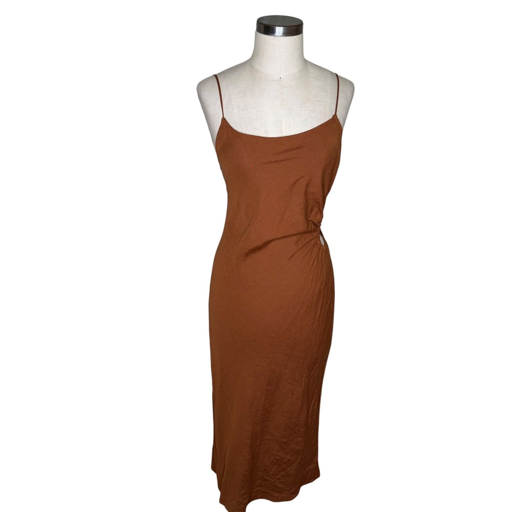 ZARA Midi‎ Dress Rust Brown Linen Blend Side Cutout Women's Size Small Slip